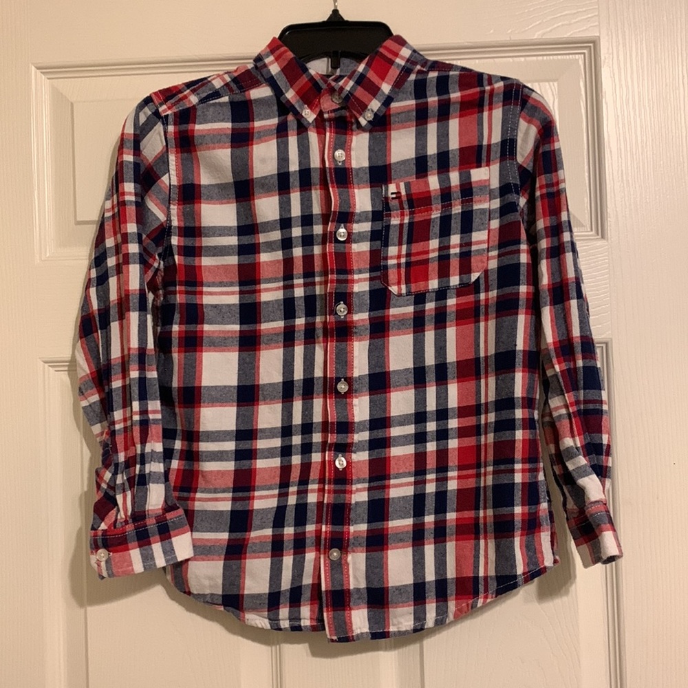 Kids Tommy Hilfiger Blue White and Red Long Sleeve Formal Button Down Shirt - Picture 7 of 8